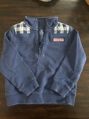 Vineyard Vines Navy Kids Quarter-Zip Pullover with Blue Plaid Shoulders